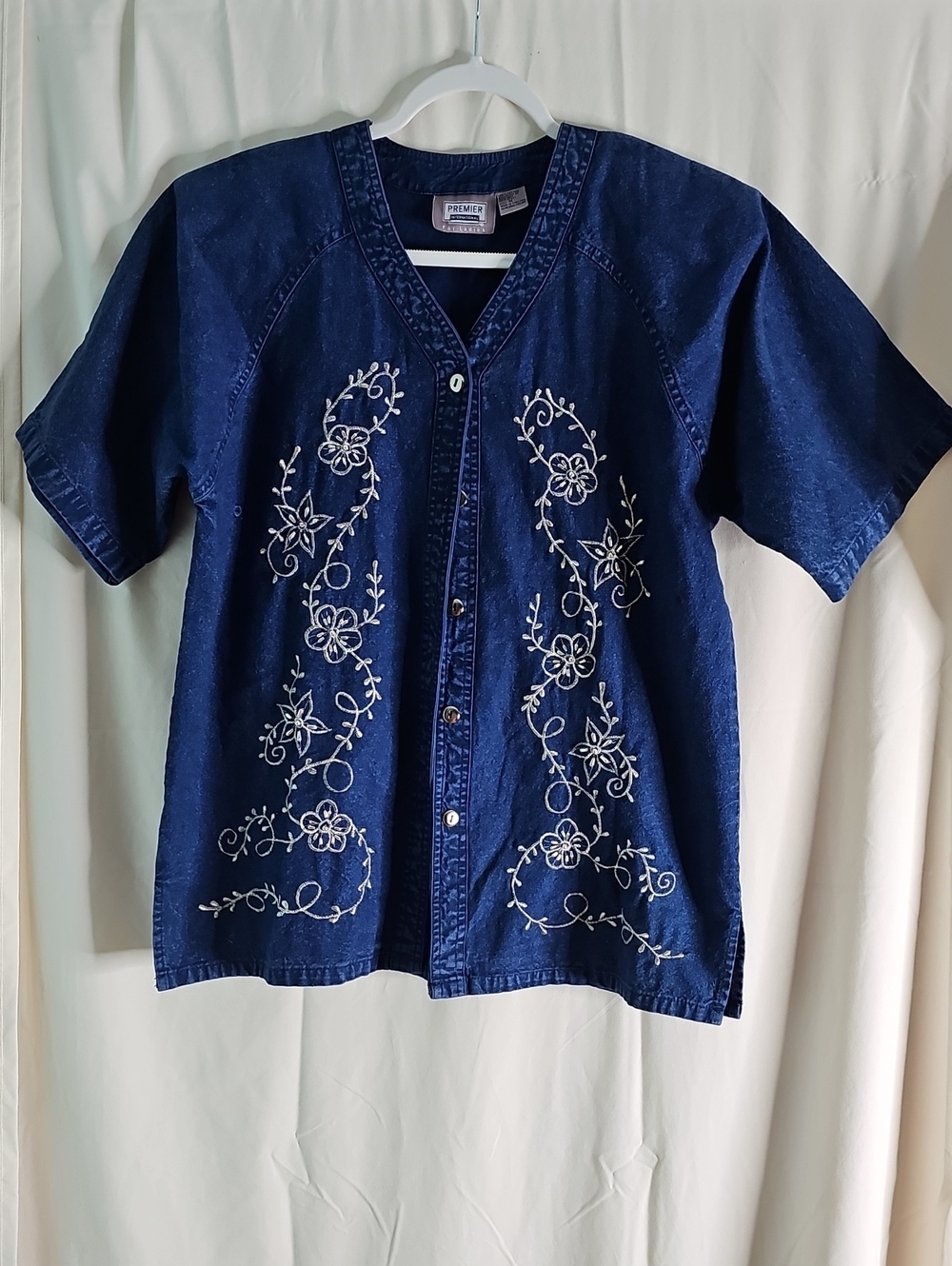Premier International Dark Blue Denim Button-Front Shirt with White Embroidery
